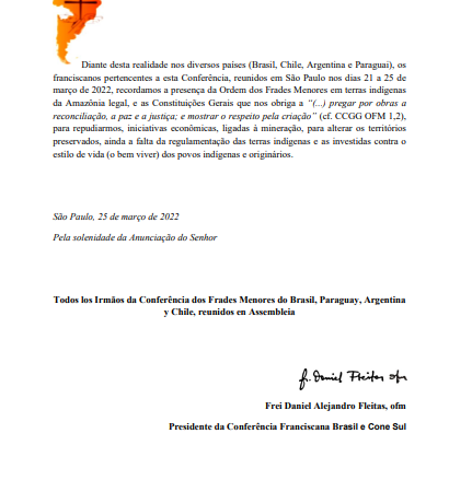 Carta da Conferência Franciscana do Brasil e Cone Sul em solidariedade aos Povos Indígenas e à Mãe Terra