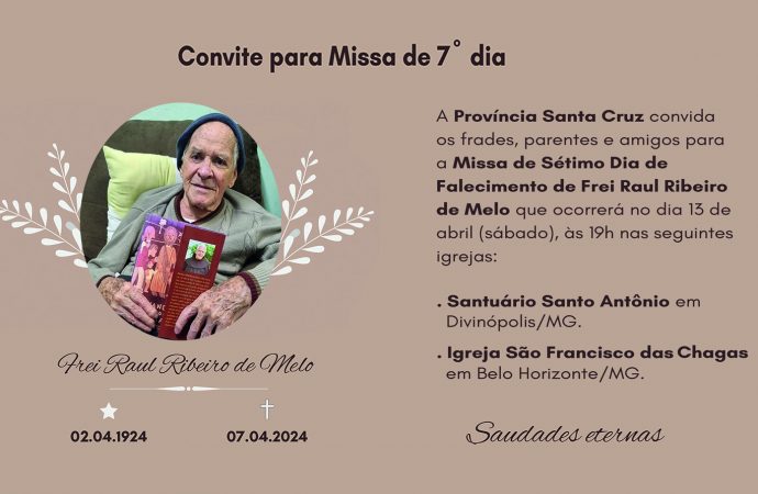 Convite para missa de  Sétimo dia de Falecimento de Frei Raul Ribeiro de Melo